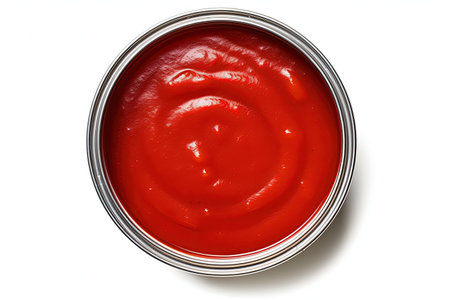 Overhead view of open tomato paste can on white backdropの素材