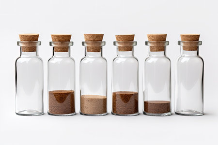 Partial paraphrase Transparent glass jar or test tube bottles with brown cork cap lids viewed from tの素材