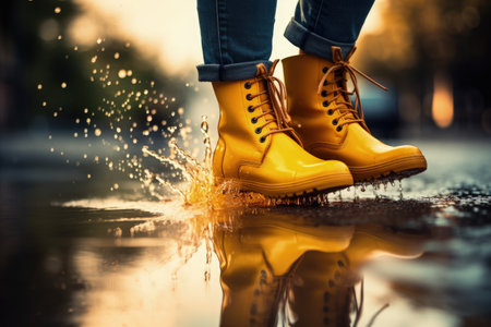 Playful unidentified woman in yellow rain boots runs across a glassy poolの素材