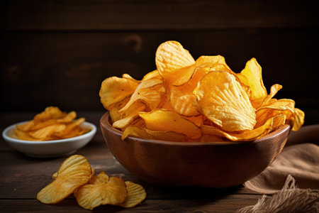 Potato chips in a rustic wicker bowl on a vintage tableの素材