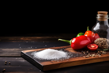 Peppers being shredded with cooking tools on a black table with free space and sharp salt shakerの素材