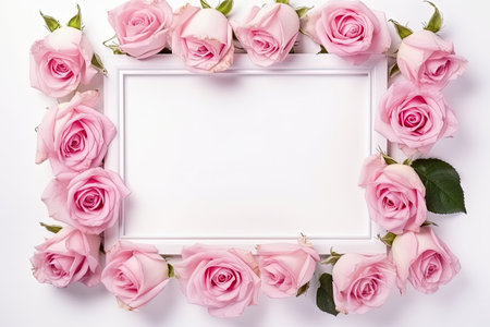 Pink rose frame on white background Top viewの素材