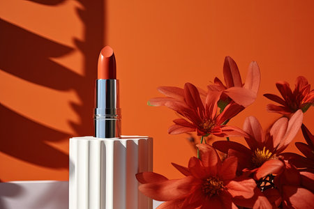 Red lipstick tube on podium with shadow Nourishes and protects lips Empty area for contentの素材