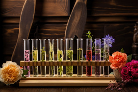 Perfume samples in test tubes flowers and plants on wooden backgroundの素材
