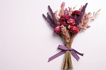 Purple and red dried flowers tied with a burgundy ribbon on white backgroundの素材