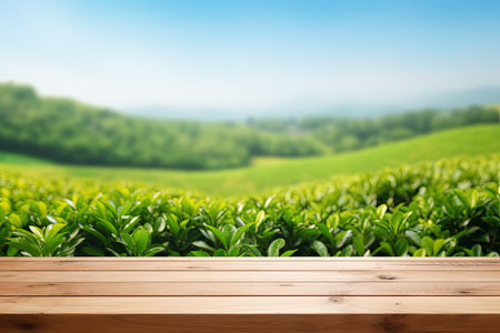Product display stand with wooden table top against a blurry tea plantation landscape blue sky and gの素材
