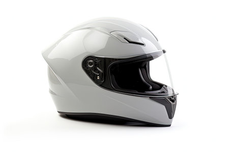 Premium light gray motorcycle helmet isolated on white backgroundの素材