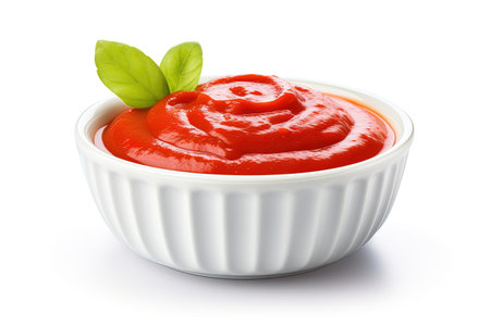 Red ketchup in bowl on white backgroundの素材