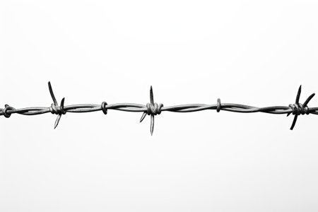 Selective focus on security barbed wire fence isolated on whiteの素材