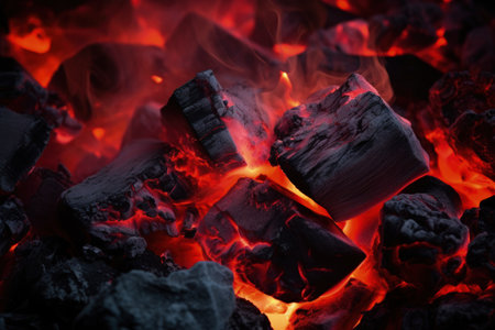 Red sparks from burning coals against a dark backgroundの素材