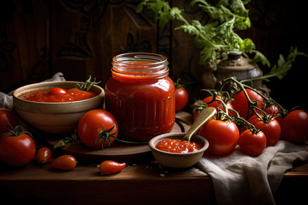 Tomato paste jar on a wooden table with ingredientsの素材