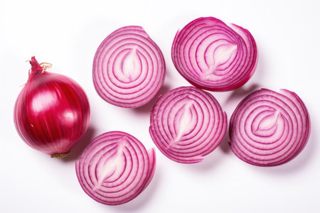 Red onion slices isolated on white background Top view No shadowの素材