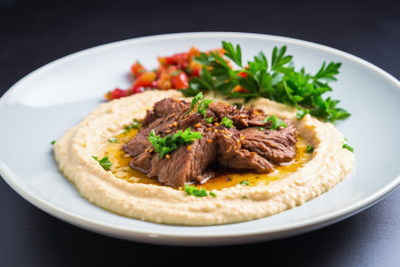 Restaurant serves meat hummus on white plate for dinnerの素材