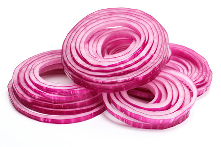 Red onion rings on white backgroundの素材