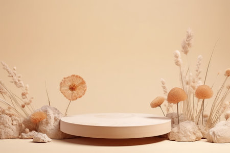 Simple modern product presentation on neutral backdrop Wooden podium and dried flowers Scene to showの素材