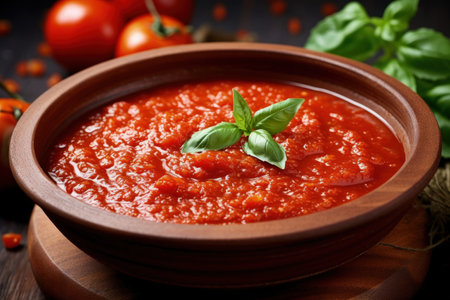 Top down horizontal view of a wooden bowl containing tomato sauce with garlic and basilの素材