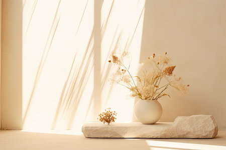 Simplified display of stone stage product with sunlight dry flower on cream color backdropの素材
