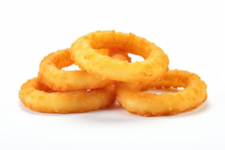 Top view of white plate with fast food onion rings isolatedの素材
