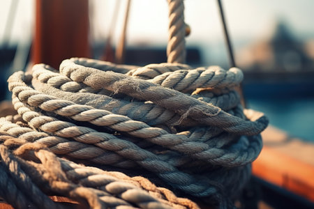 Ship s side rope tied close up in the backgroundの素材