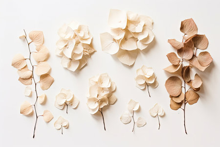 Top view of vintage style beige floral flatlay on a white background featuring dried hydrangea and hの素材