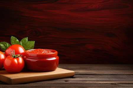 Tomato paste on wooden surface with conceptual backdropの素材