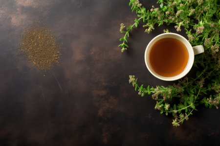 Top view of thyme herbal tea with text spaceの素材