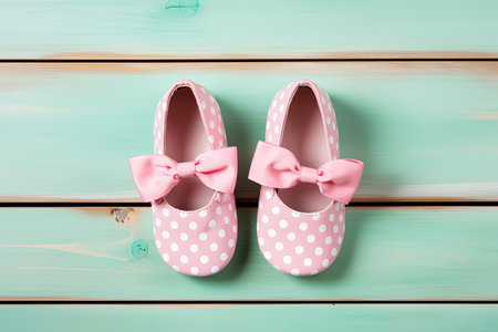 Top view of pink shoes with polka dot pattern on a mint shabby chic wooden backgroundの素材
