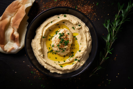 Traditional Arabic cuisine with homemade hummus olive oil and thyme Overhead view flat layの素材