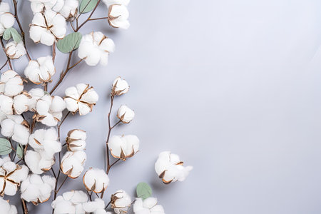 Top view of a delicate floral composition made with cotton flowers and fresh eucalyptus twigs on a lの素材