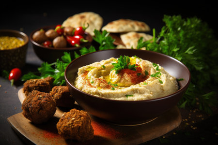 Traditional Jewish dishes like homemade hummus falafel and chickpeaの素材