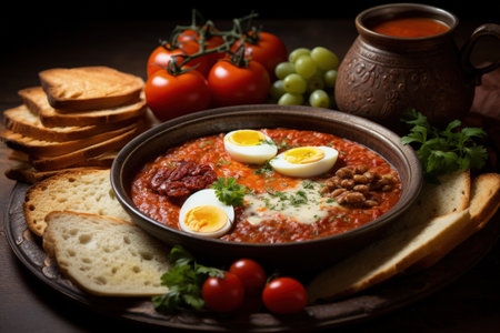 Traditional Turkish morning meal prepared with tomato paste and bread cheese nuts olives tomatoes anの素材