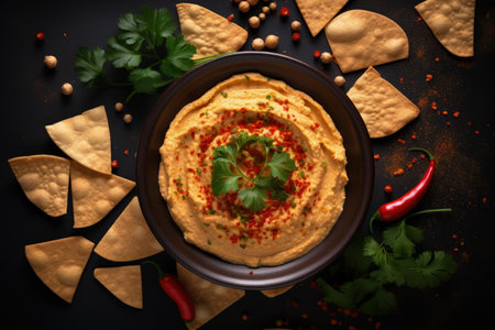 Top view of chickpea hummus with pita chips and garnishes such as paprika and parsleyの素材