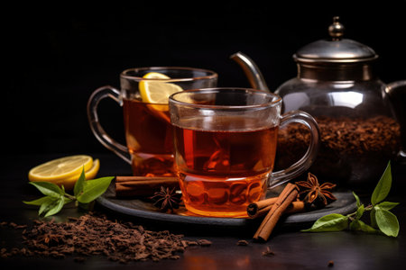 Traditional Indian masala chai served in glasses with kettle spices and tea leavesの素材