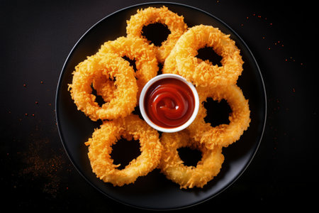 Top view of homemade onion rings with ketchup on a plate black backgroundの素材