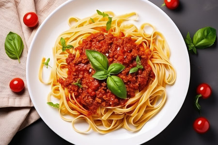 Top view of white bowl with pasta fettuccine Bolognese and tomato sauceの素材