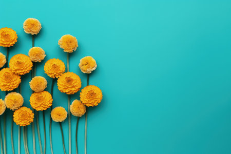Top view of stylish flat lay with yellow Craspedia flowers Billy balls on turquoise background leaviの素材