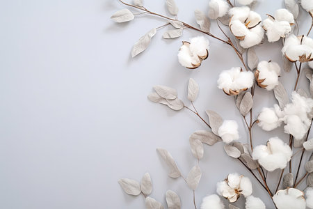 Top view of a delicate white cotton flower composition with fresh eucalyptus twigs on a light gray bの素材