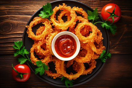 Top view of crispy homemade onion rings with tomato sauce on a wooden tableの素材
