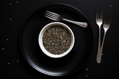 Top view of kitchen utensils salt and pepper shakers plate with fork and knife on a black surfaceの素材