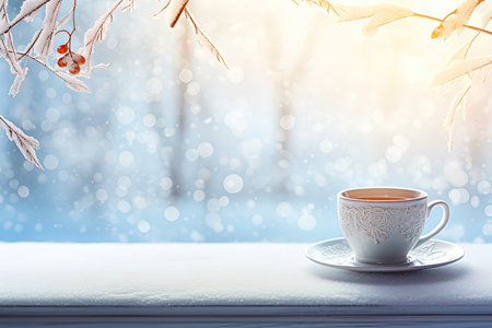 A cold winter day with a tea cup seen through a windowの素材