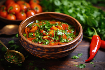 A Turkish adjika called ezme made with tomatoes bell pepper herbs olive oil and chiliの素材