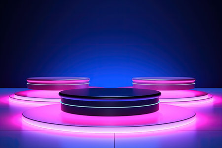 Abstract neon lit podiums with geometric shapes ideal for showcasing productsの素材