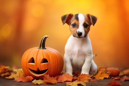 Adorable dog standing on pumpkin in autumn with fall bannerの素材