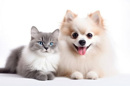 Adorable gray kitten and happy dog on a white background Cute fluffy cat and pomeranian spitz puppyの素材