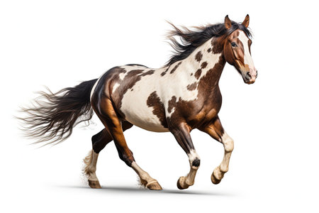 Piebald horse gallops alone on white backgroundの素材