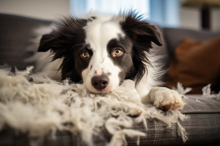 Adorable border collie puppy shedding fur on couch during seasonal molt at homeの素材