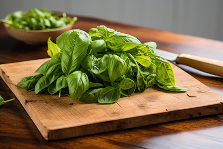 Recently cut basil leaves Fresh basil on a wooden boardの素材
