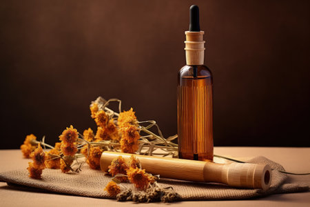 Amber bottle with dried flowers on plate Natural skincare design Organic oil cosmetics on backgroundの素材