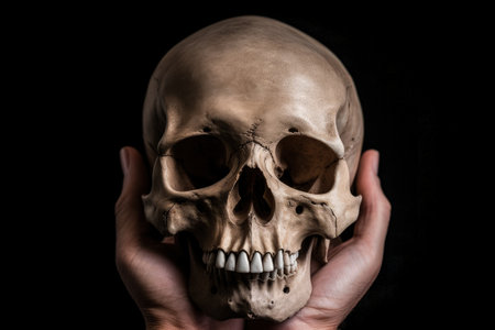Real skull held in isolated black background while hand touches itの素材