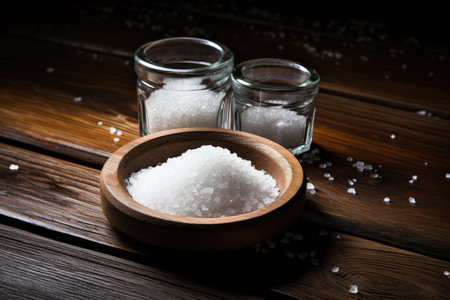 Spilled salt on a wooden surface next to a glass salt cellarの素材